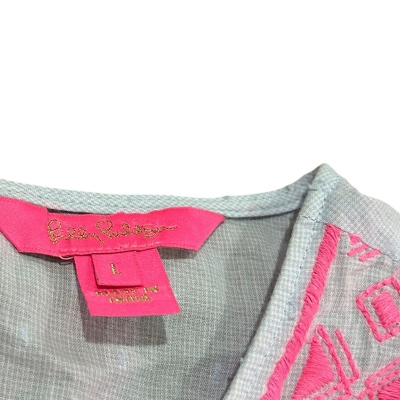Lilly Pulitzer hot pink and white ruffle embroidered blouse top Sz L - Picture 3 of 5